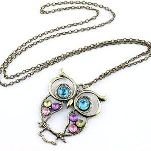 Vintage Antique Bronze Rhinestone Owl Necklace - Unique Statement Jewelry Piece